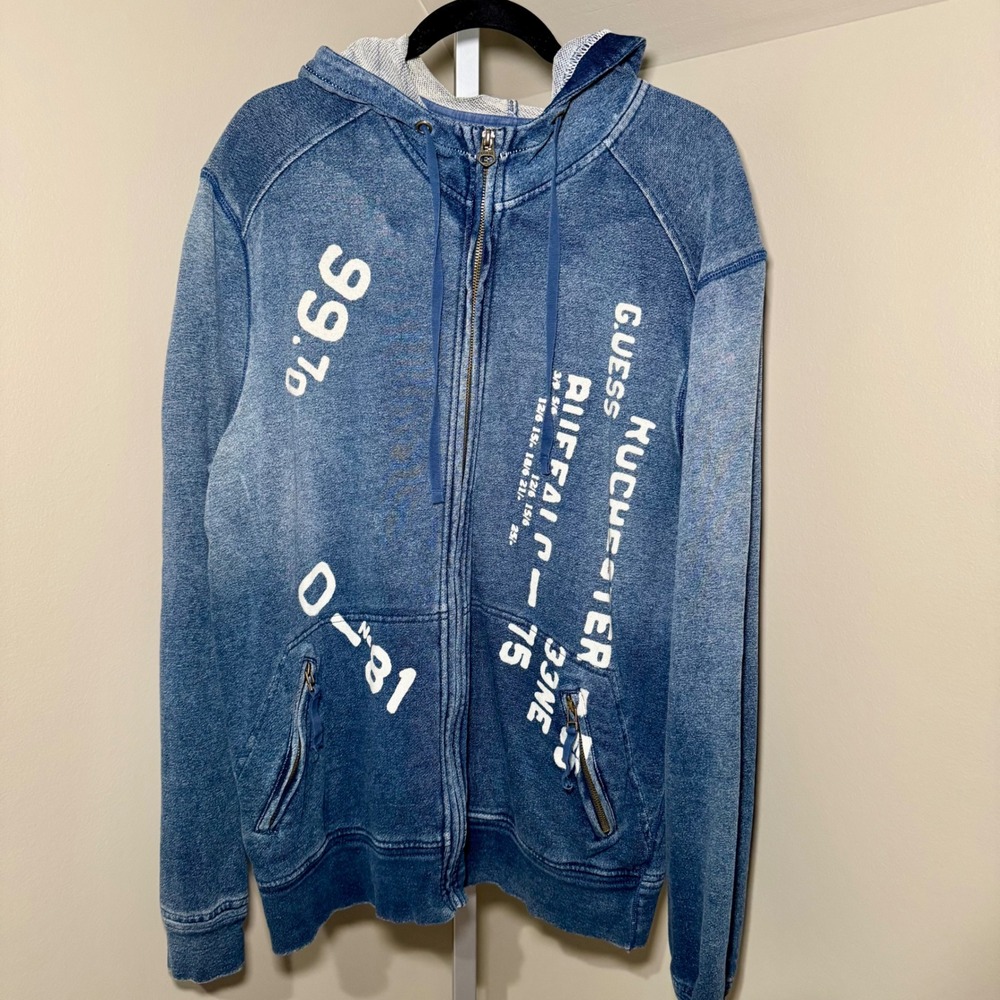Guess Mens Denim Effect Full Zip Hoodie Graphic Print Blue Size 2XL‎